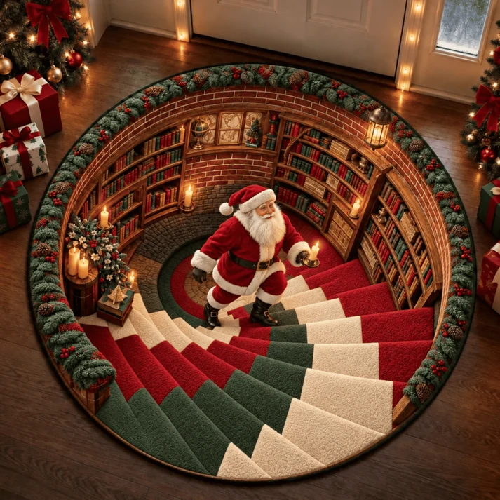 Funny Santa Workshop 3D Optical Illusion Round Rug