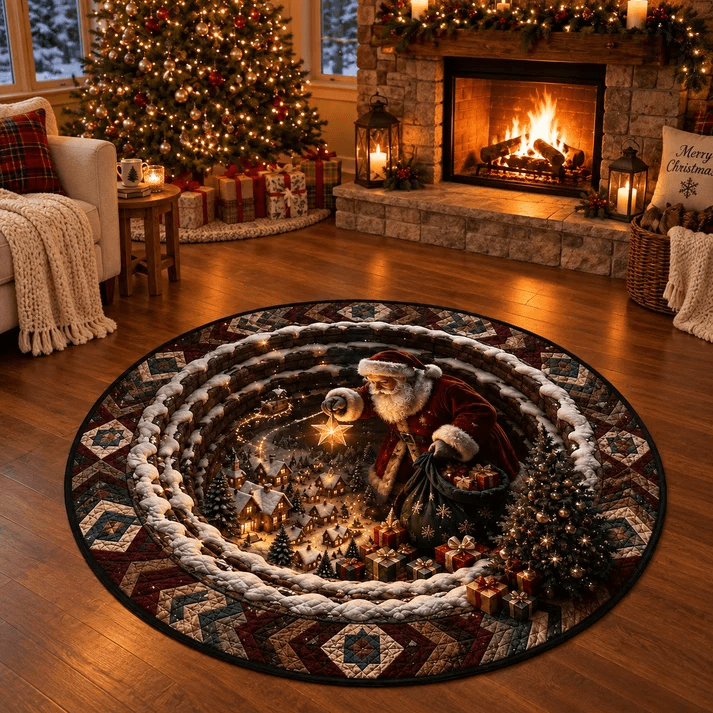 Magical Santa Sleigh & Snowy Village 3D Illusion Round Rug