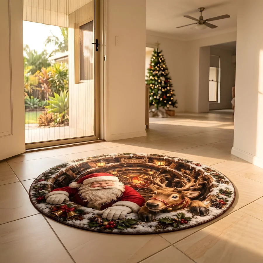 Santa & Reindeer Gift Scene 3D Illusion Round Christmas Rug