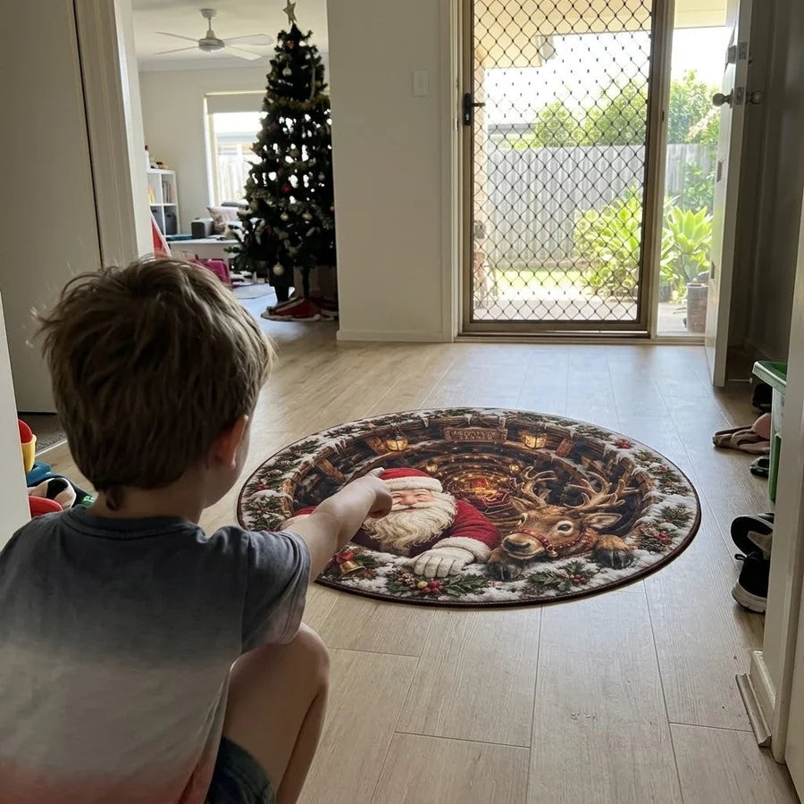 Santa & Reindeer Gift Scene 3D Illusion Round Christmas Rug