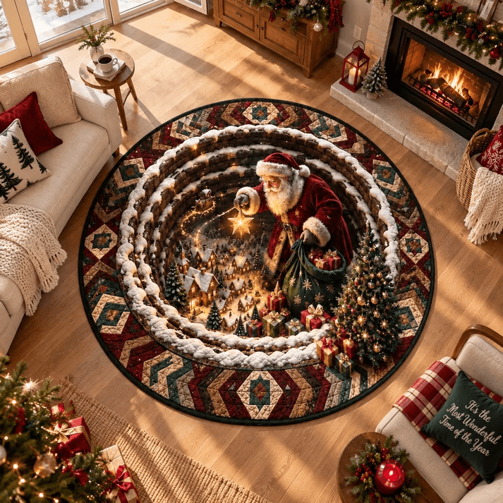 Magical Santa Sleigh & Snowy Village 3D Illusion Round Rug