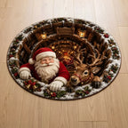 Santa & Reindeer Gift Scene 3D Illusion Round Christmas Rug