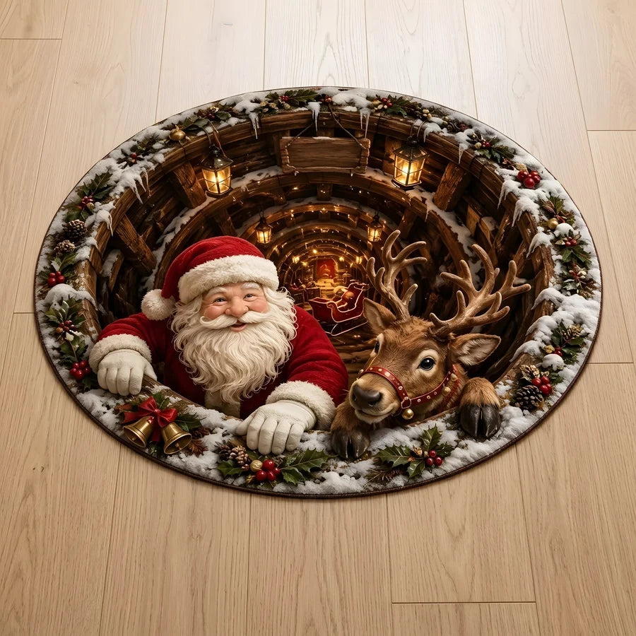 Santa & Reindeer Gift Scene 3D Illusion Round Christmas Rug