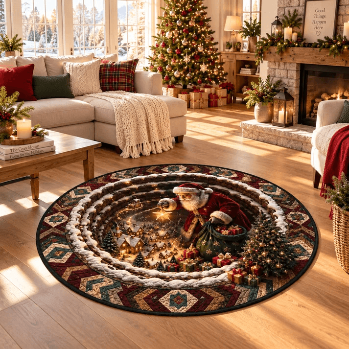 Magical Santa Sleigh & Snowy Village 3D Illusion Round Rug