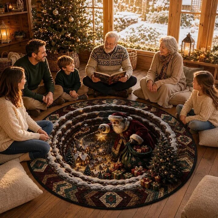 Magical Santa Sleigh & Snowy Village 3D Illusion Round Rug