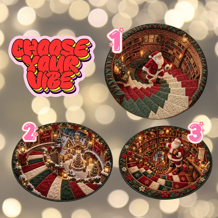 Funny Santa Workshop 3D Optical Illusion Round Rug