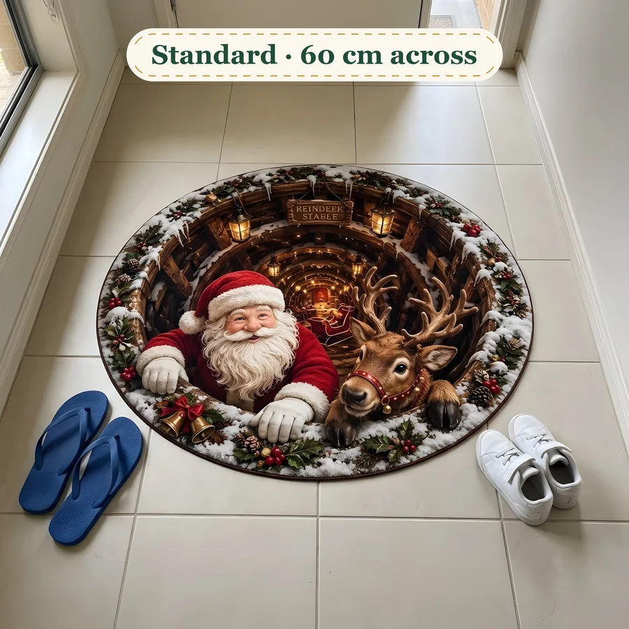 Santa & Reindeer Gift Scene 3D Illusion Round Christmas Rug