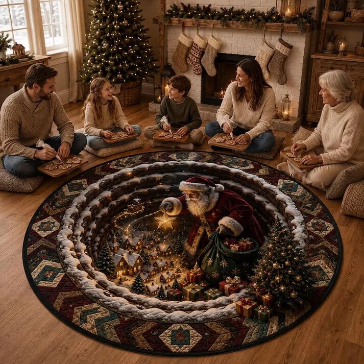 Magical Santa Sleigh & Snowy Village 3D Illusion Round Rug