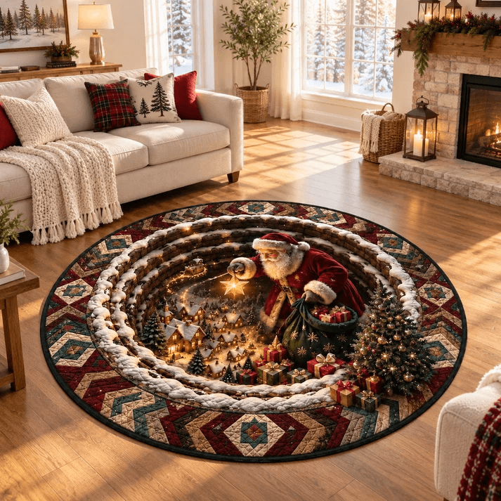 Magical Santa Sleigh & Snowy Village 3D Illusion Round Rug