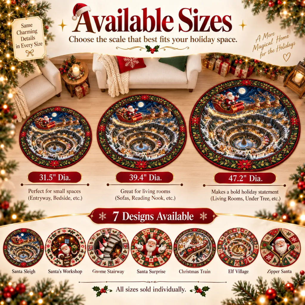 Santa Workshop 3D Optical Illusion Round Christmas Rug