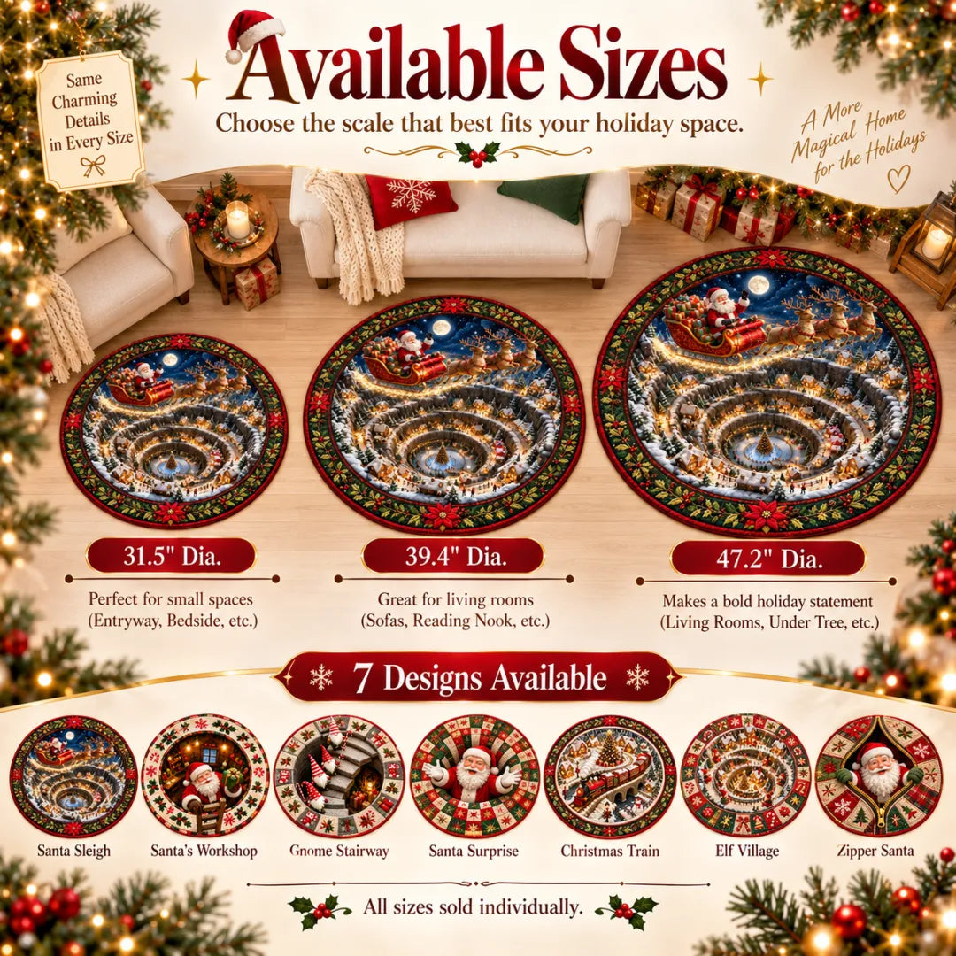 Santa Workshop 3D Optical Illusion Round Christmas Rug