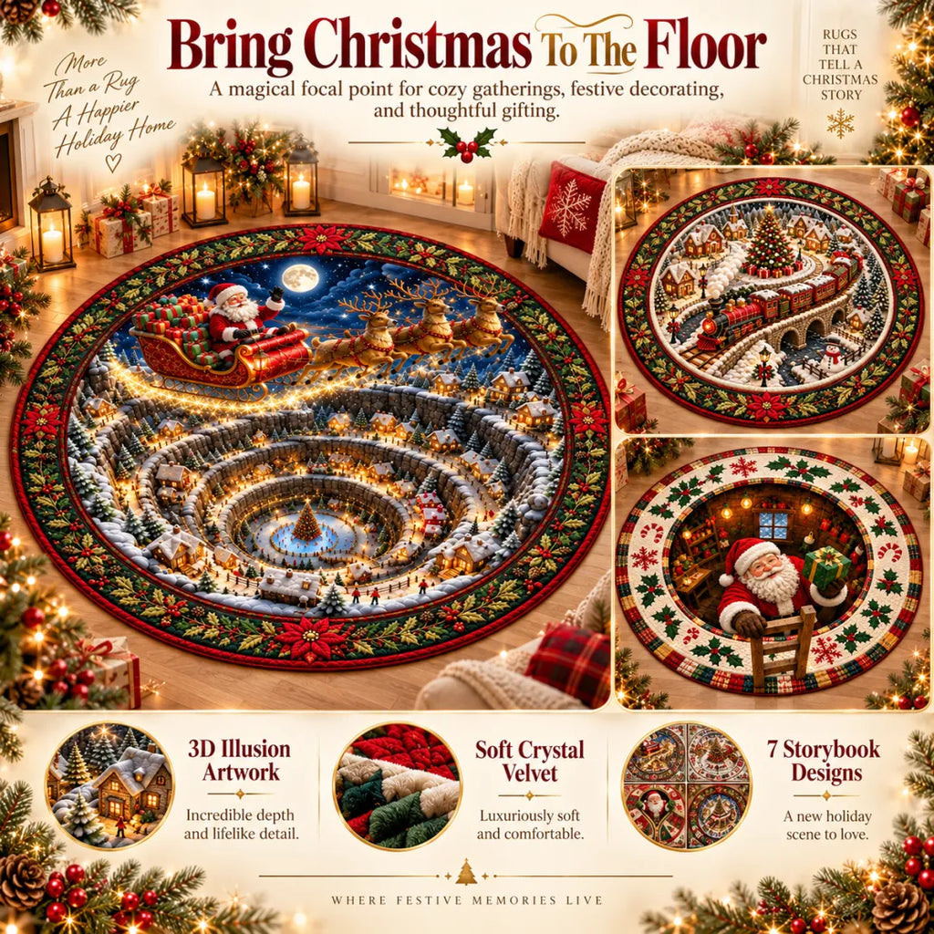 Santa Workshop 3D Optical Illusion Round Christmas Rug