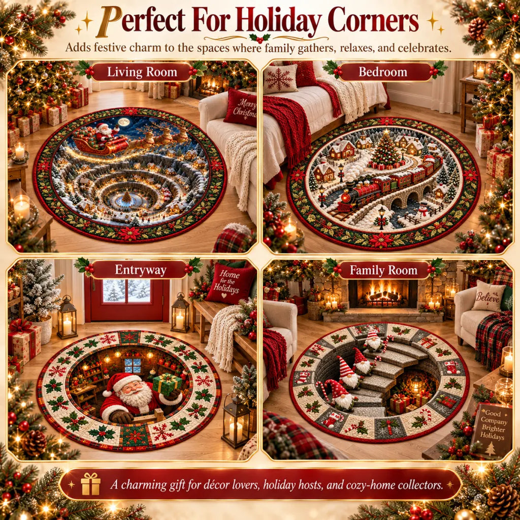 Santa Workshop 3D Optical Illusion Round Christmas Rug