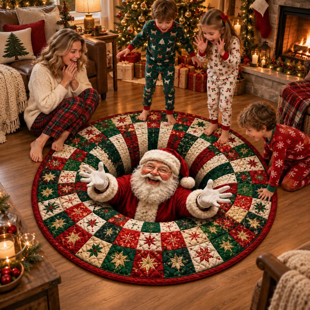Santa Workshop 3D Optical Illusion Round Christmas Rug