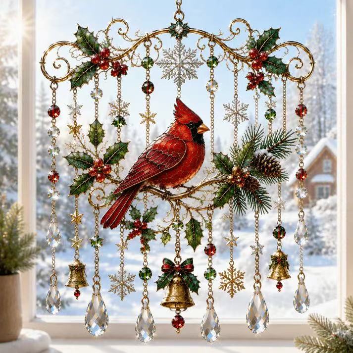 Cardinal Christmas Window Hanging on display