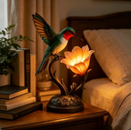 Hummingbird flower night lamp shown on a bedside table