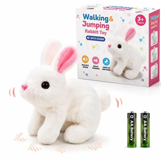 White electronic plush bunny toy with packaging
