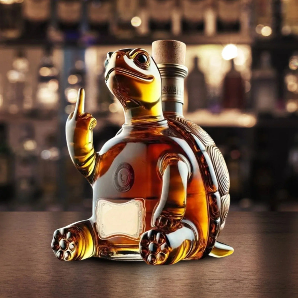Turtle-shaped whiskey decanter on a bar counter