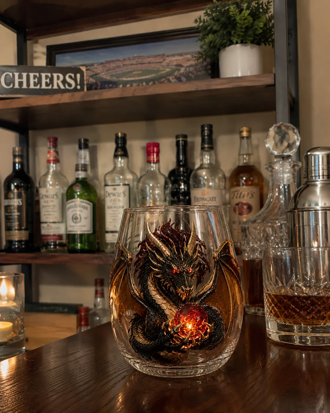 Dragon-themed drinkware in a home bar setting
